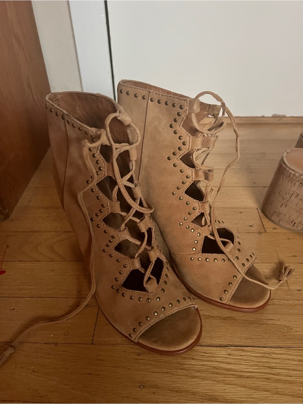 Frye Lace-Up Peep Toe Suede Ankle Boots in Tan